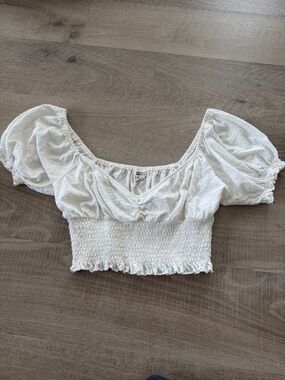 Billabong Love Song Smocked Puff Sleeve Crop Top White Large